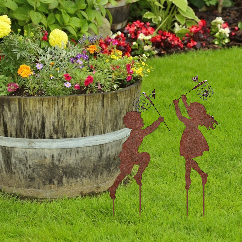 1 Pair Boy Girl Catching Butterfly Metal Decorative Garden Stakes Outdoor Garden Decor Boy Girl Silhouette Yard Stakes Spring Decor