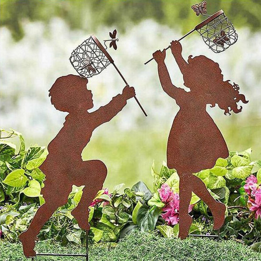 1 Pair Boy Girl Catching Butterfly Metal Decorative Garden Stakes Outdoor Garden Decor Boy Girl Silhouette Yard Stakes Spring Decor