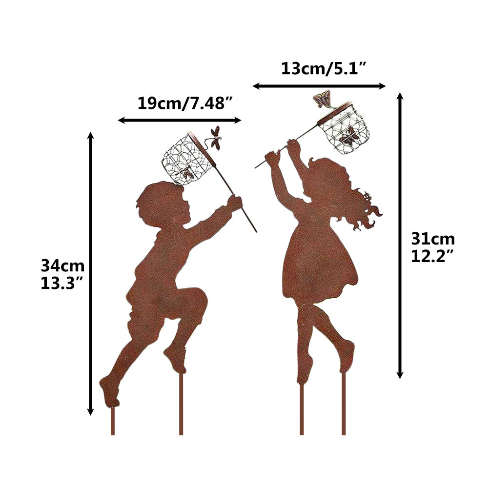 1 Pair Boy Girl Catching Butterfly Metal Decorative Garden Stakes Outdoor Garden Decor Boy Girl Silhouette Yard Stakes Spring Decor