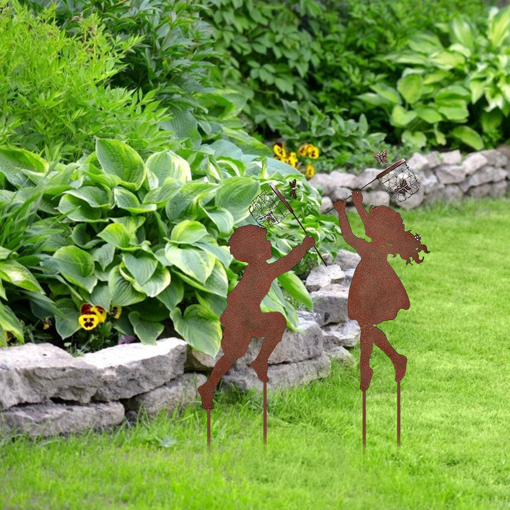 1 Pair Boy Girl Catching Butterfly Metal Decorative Garden Stakes Outdoor Garden Decor Boy Girl Silhouette Yard Stakes Spring Decor