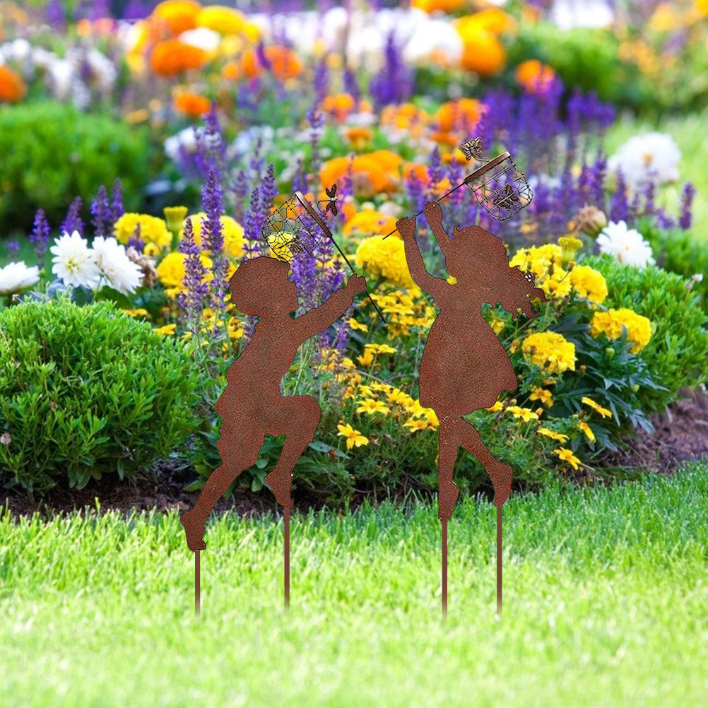 1 Pair Boy Girl Catching Butterfly Metal Decorative Garden Stakes Outdoor Garden Decor Boy Girl Silhouette Yard Stakes Spring Decor